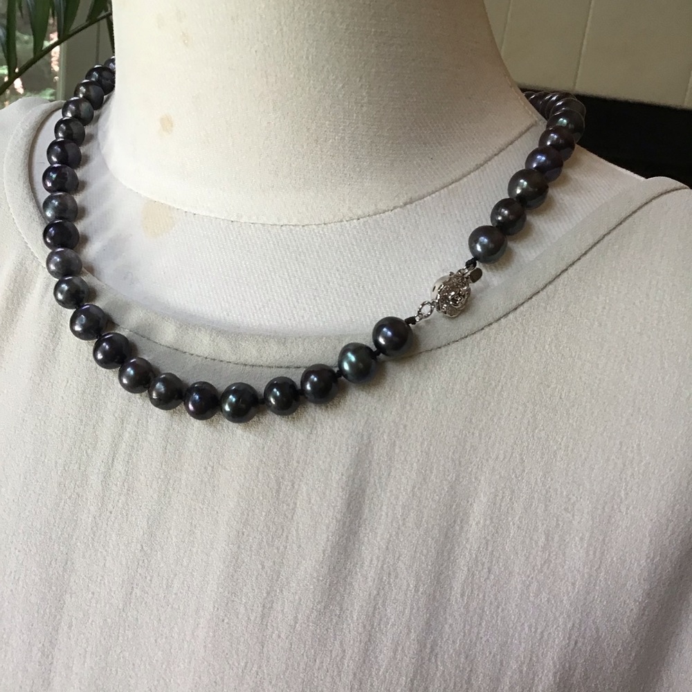 Sterling Silver Black iridescence Pearl Necklace 925 - Picture 11 of 12